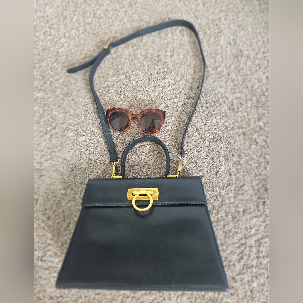 Salvatore Ferragamo Gancini Dark Navy  Satchel with Gold Hardware - Picture 3 of 12